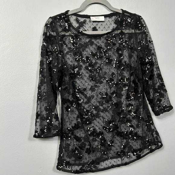 Wallis Black Mesh Net Sheer Sequin 3/4 Sleeve Tunic Top size US 8 - Picture 2 of 10